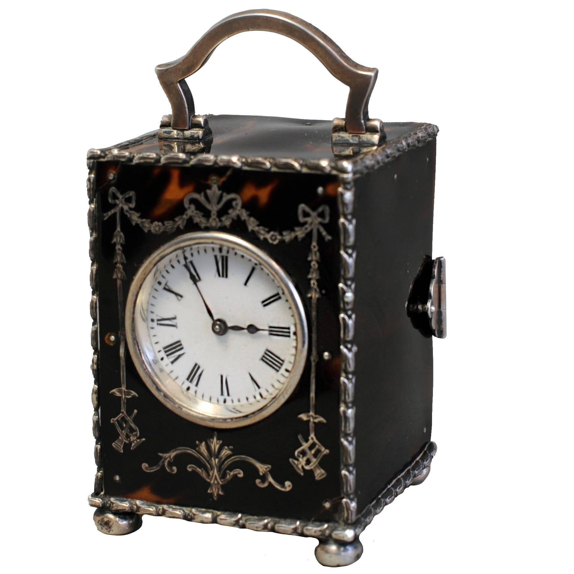 Small English Tortoiseshell and Silver Carriage Clock, circa 1902 For Sale