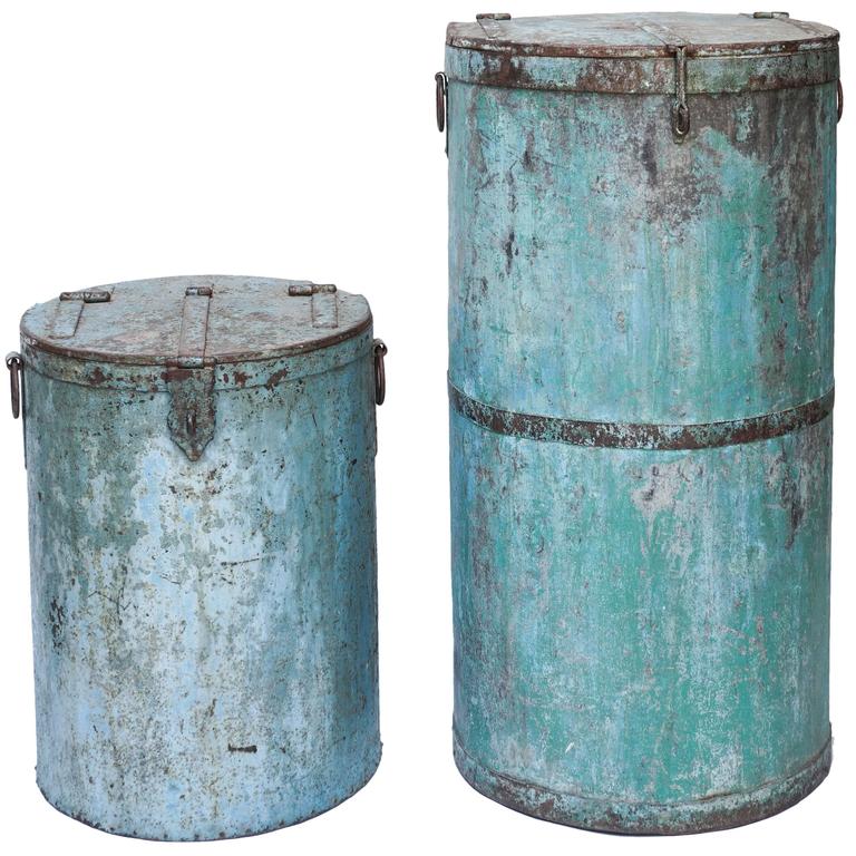 Two Large Vintage Metal Barrels For Sale at 1stdibs