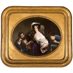 Painting on Porcelain with a Gilt Frame by C. Pastier, the Young Courtisane