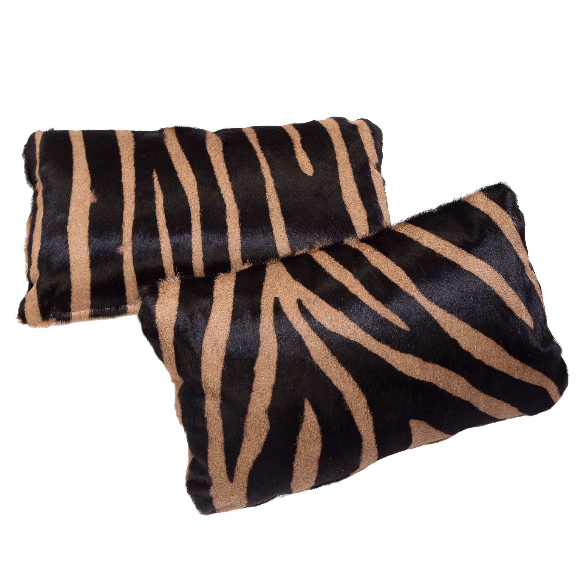 Contemporary Zebra Stencil Cowhide Hair Lumbar Pillow, 100% Feather Filled