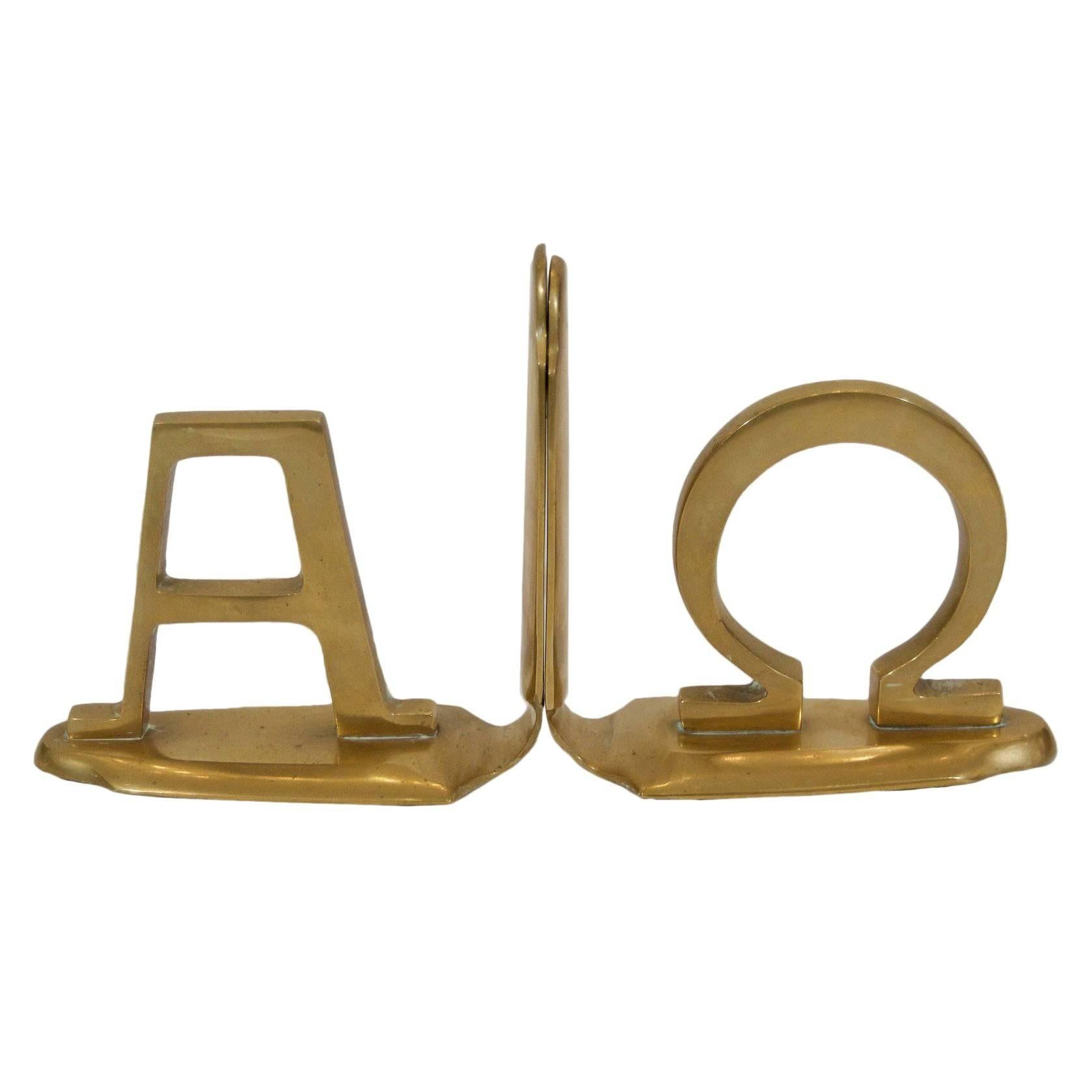 Pair of Alpha and Omega Brass Bookends