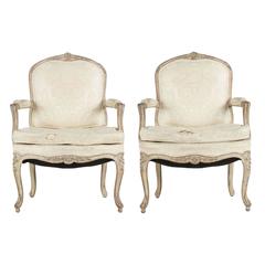 Vintage Pair of French Louis XV Style Distressed White Painted Armchairs