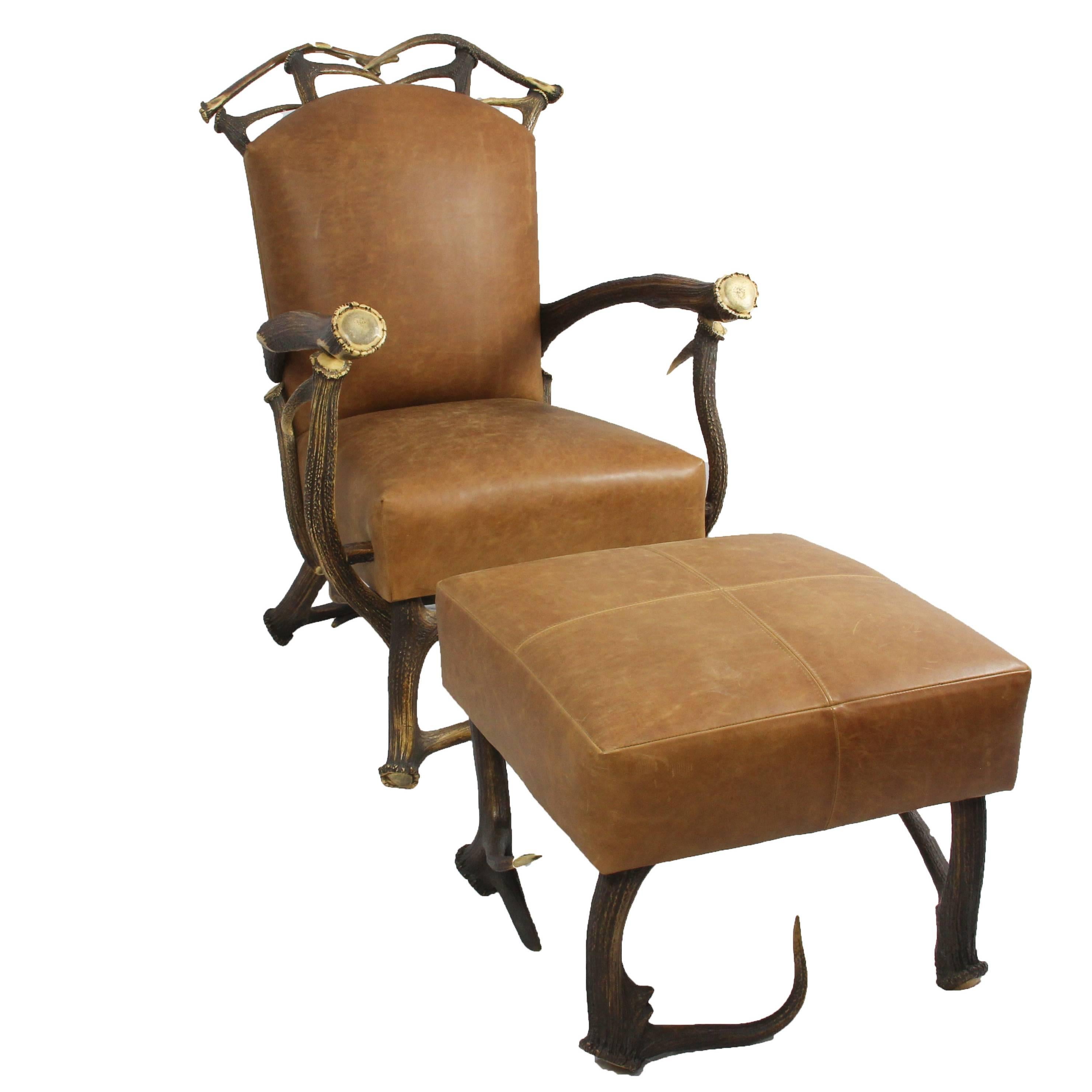 Brown Leather and Red Stag Antler Chair with Matching Ottoman
