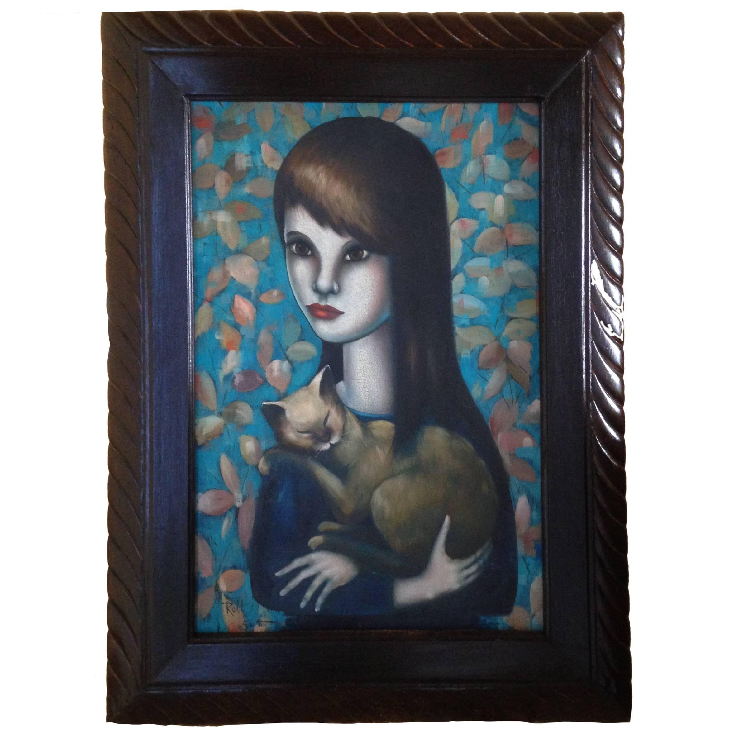 20th Century Oil on Canvas Woman with a Cat For Sale