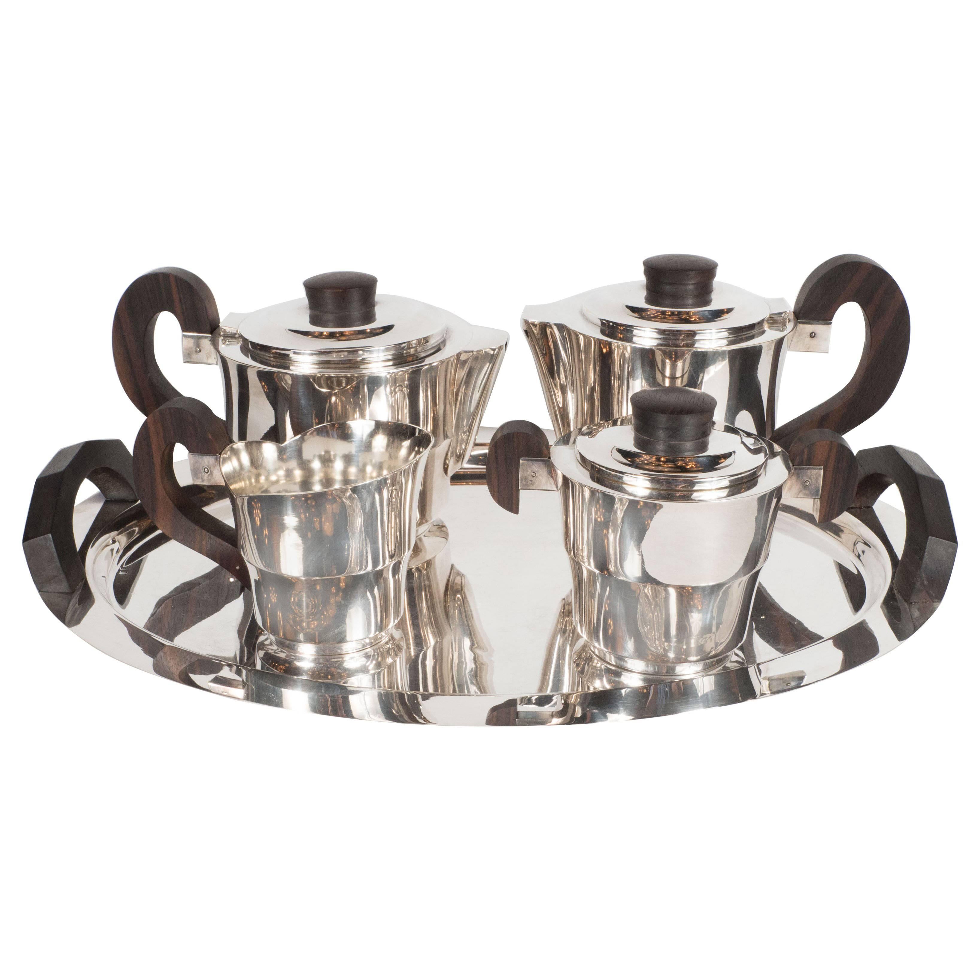 French Streamline Art Deco Silver-Plate and Macassar Coffee/Tea Service 