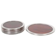 Retro Mid-Century Set of Four Chrome and Amber-Toned Resin Coasters and Wine Charger