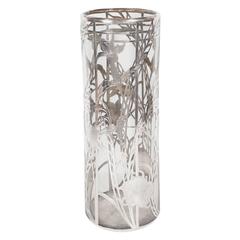 Art Deco Glass Vase with Sterling Overlay in Geometric and Floral Detailing