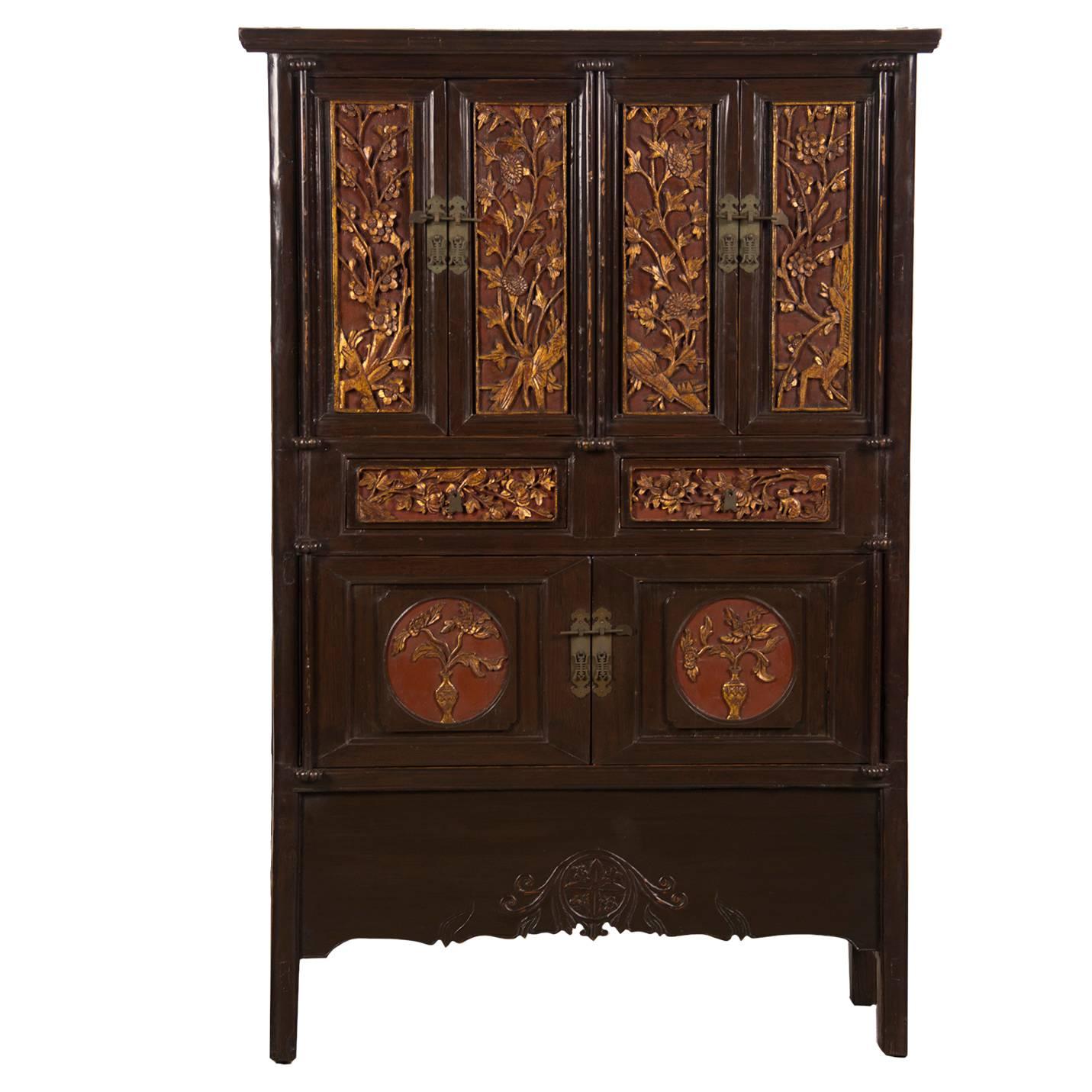 Antique Chinese Scholar's Cabinet, Original Carved Lacquer and Gilt, circa 1875 For Sale
