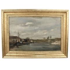 Oil on Canvas Painting of a Harbour and Dock Marine Scene by Seymour Remenick 10