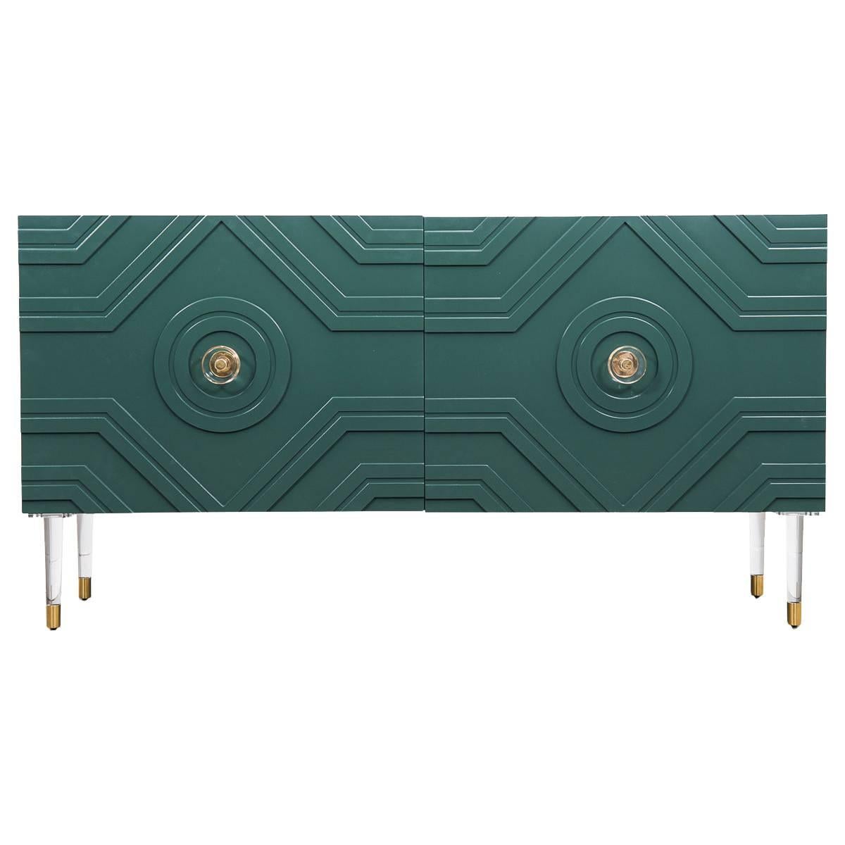 Naples Mid-Century Credenza in Hunter Green Lacquer w/ Brass & Lucite Accents For Sale