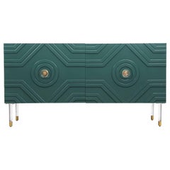 Naples Mid-Century Credenza in Hunter Green Lacquer w/ Brass & Lucite Accents