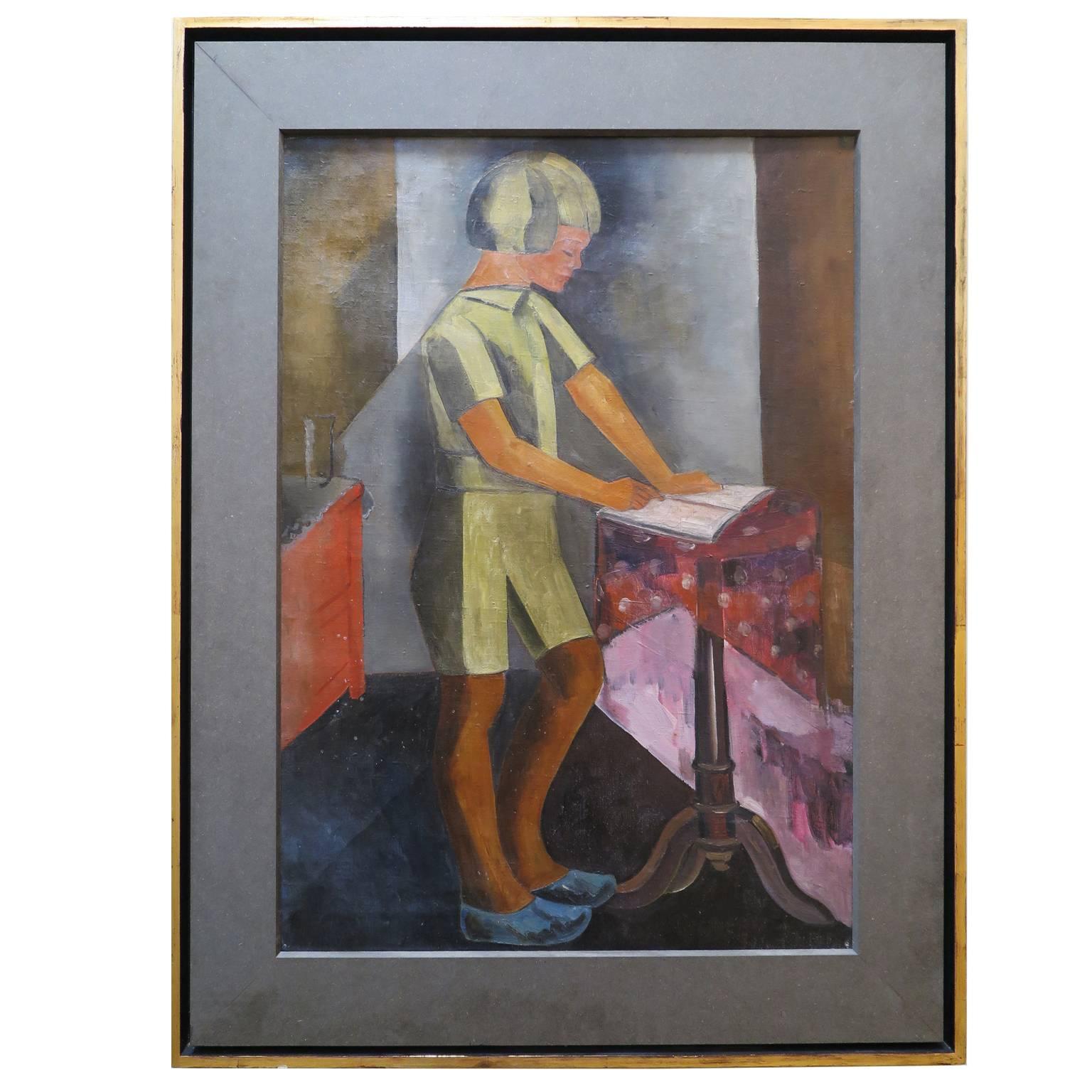 Cubistic Painting of a Boy Reading, 1930s For Sale