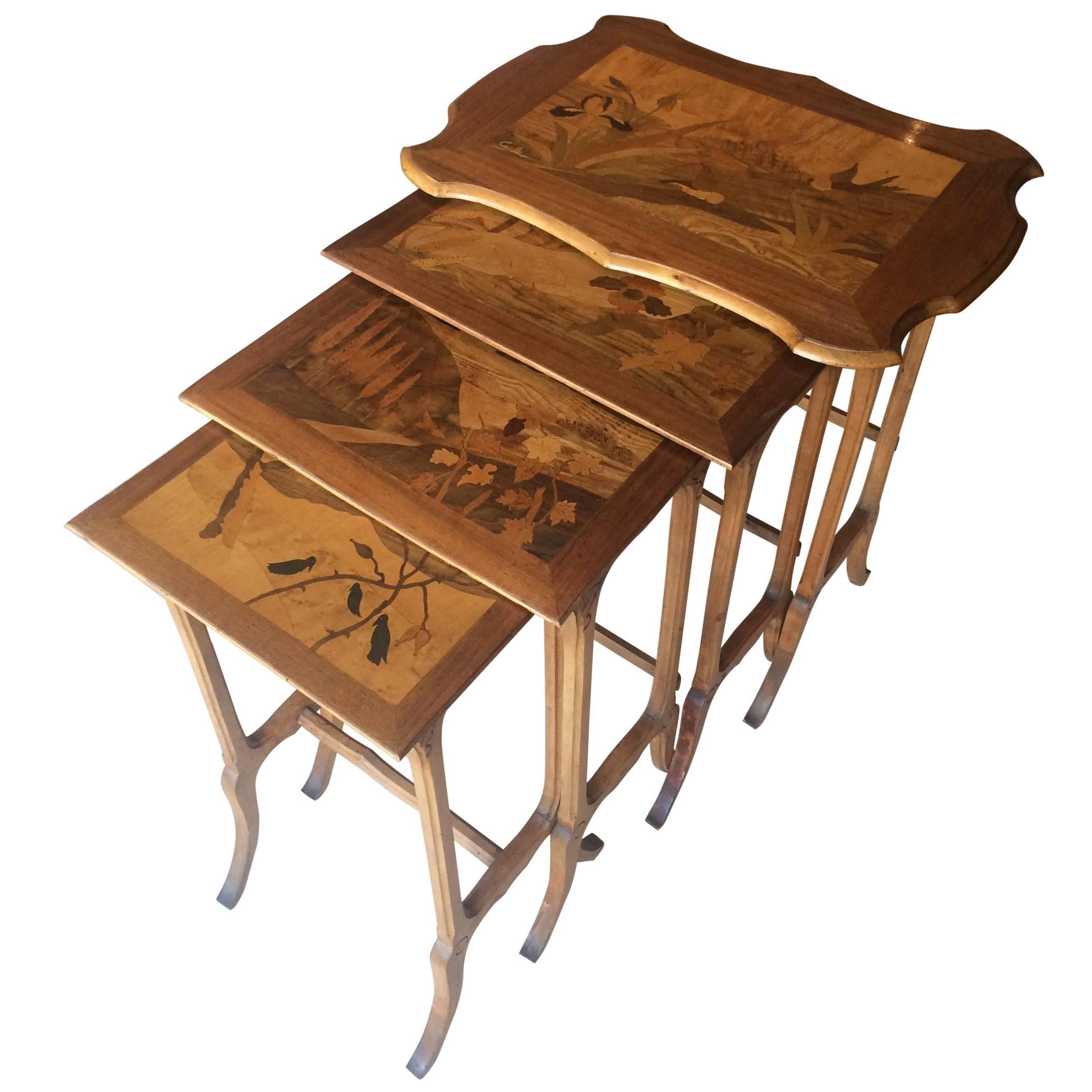 Emile Gallé, Art Nouveau Set of Nesting Tables Four Seasons, Signed Galle For Sale