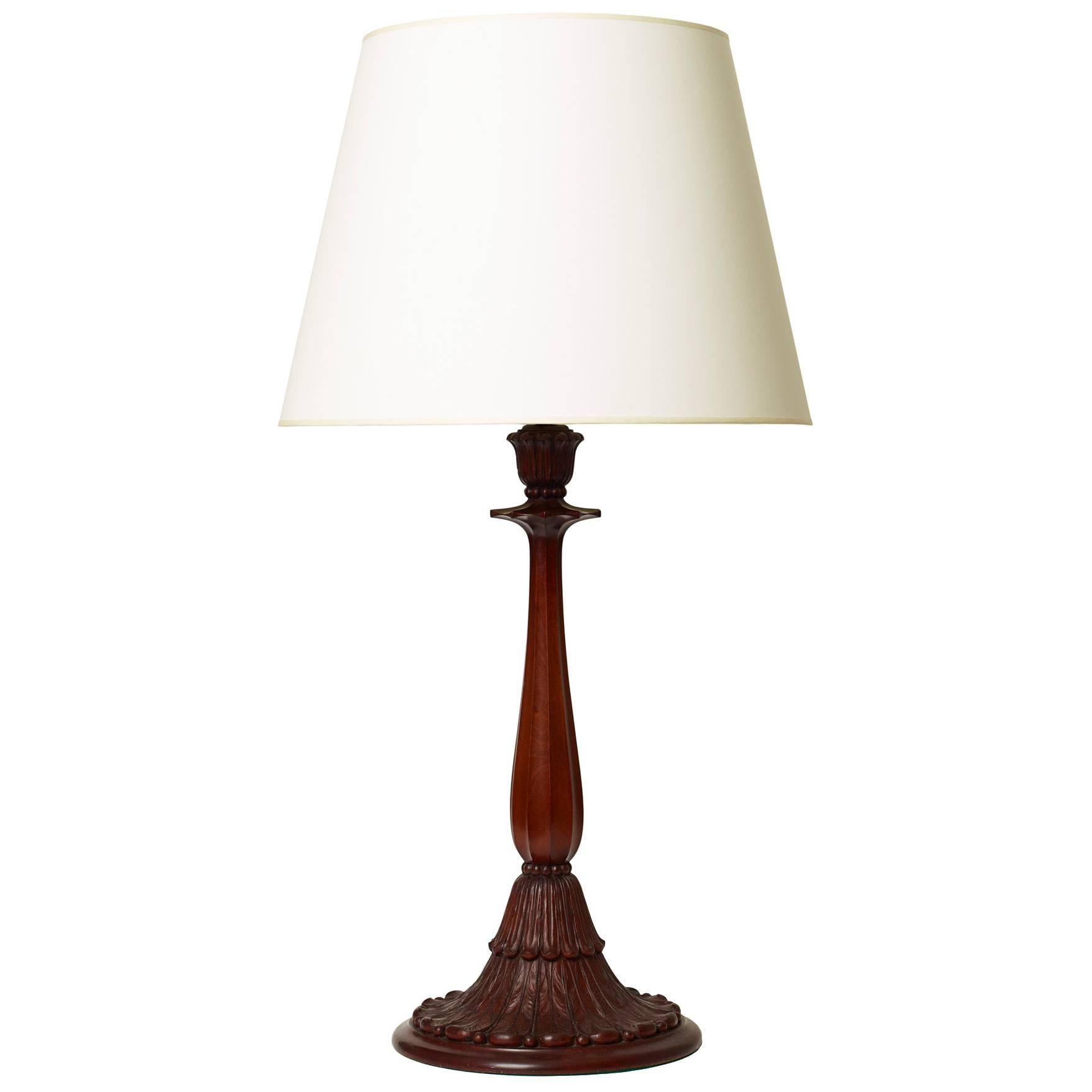 Table Lamp with Fine Carving in Mahogany by Johan Rohde For Sale