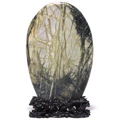 Chinese Greenery Stone on Intricately Carved Stand
