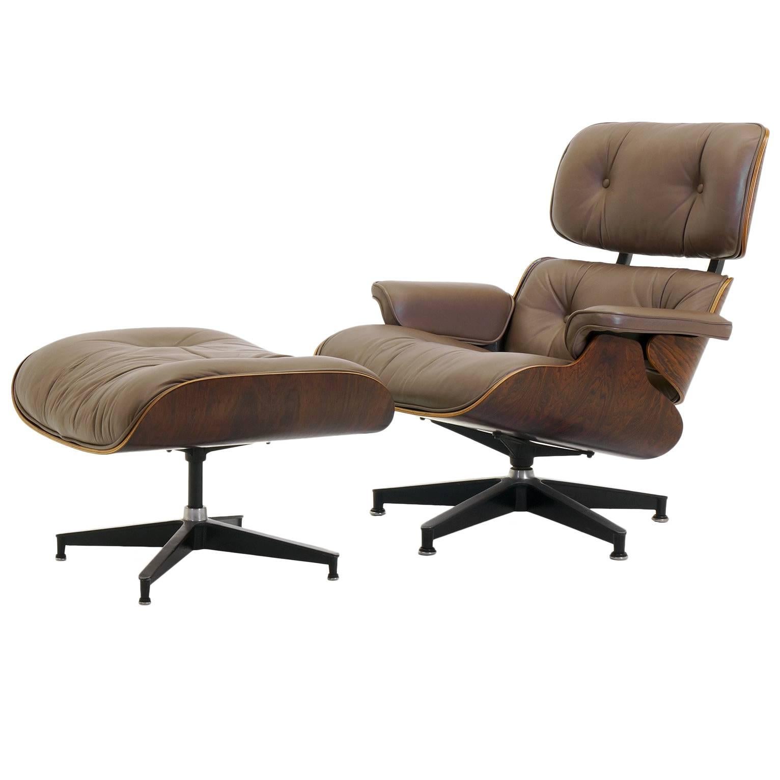 Special order, original Khaki Leather & Rosewood Eames Lounge Chair & Ottoman