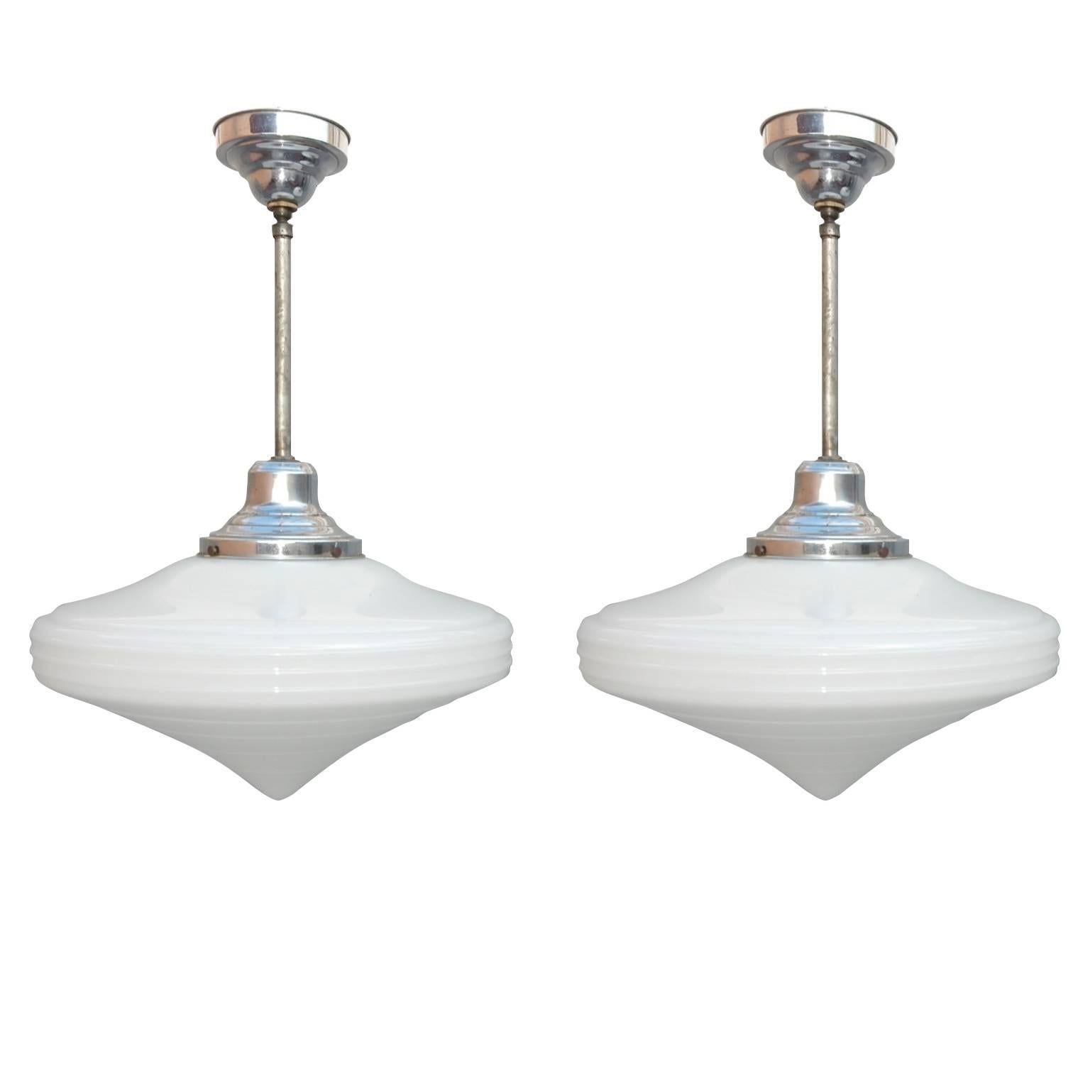 Pair of 1930s Art Deco Milk Glass Diamond Lamp Pendants