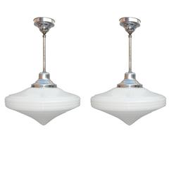 Pair of 1930s Art Deco Milk Glass Diamond Lamp Pendants