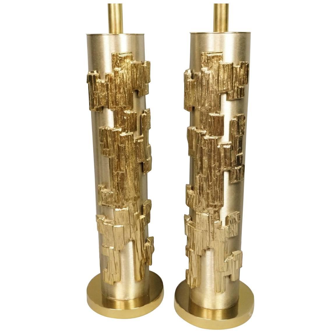 Pair of Brutalist Style Mid-Century Lamps, Laurel Co. in Gold and Brushed Silver For Sale 1