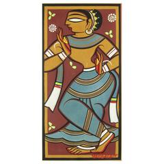 Vintage 20th Century Gouache of a Gopini by Indian Artist Jamini Roy