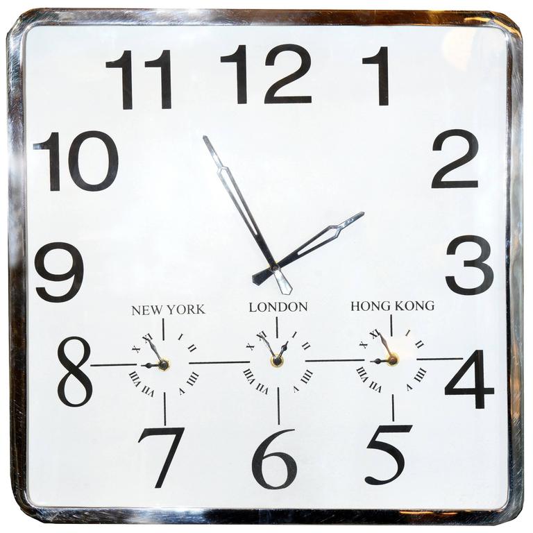 Square Wall Clock with Four Time Options at 1stDibs