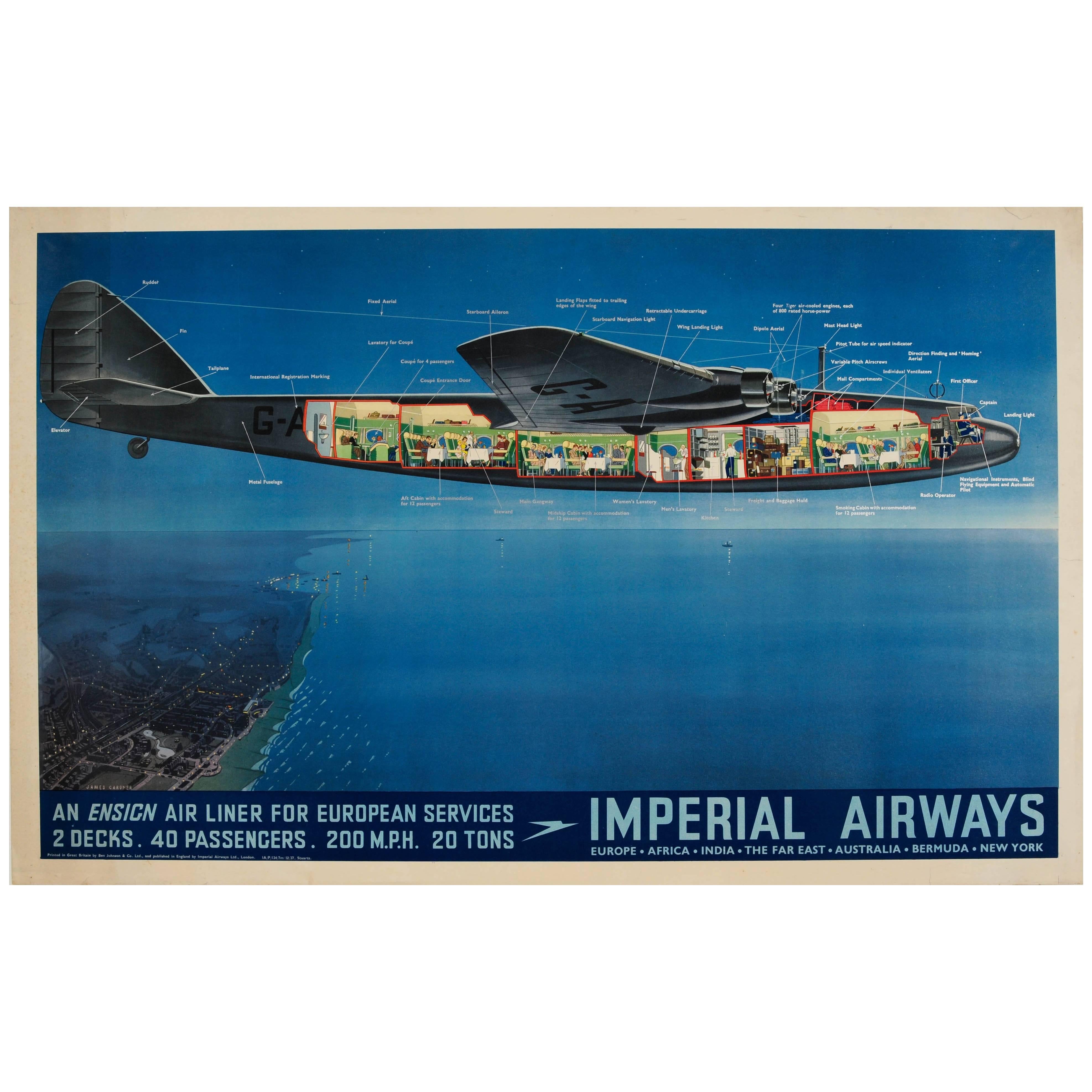 Original Vintage Imperial Airways Ensign Air Liner Travel Poster Europe Services For Sale