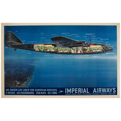 Original Used Imperial Airways Ensign Air Liner Travel Poster Europe Services