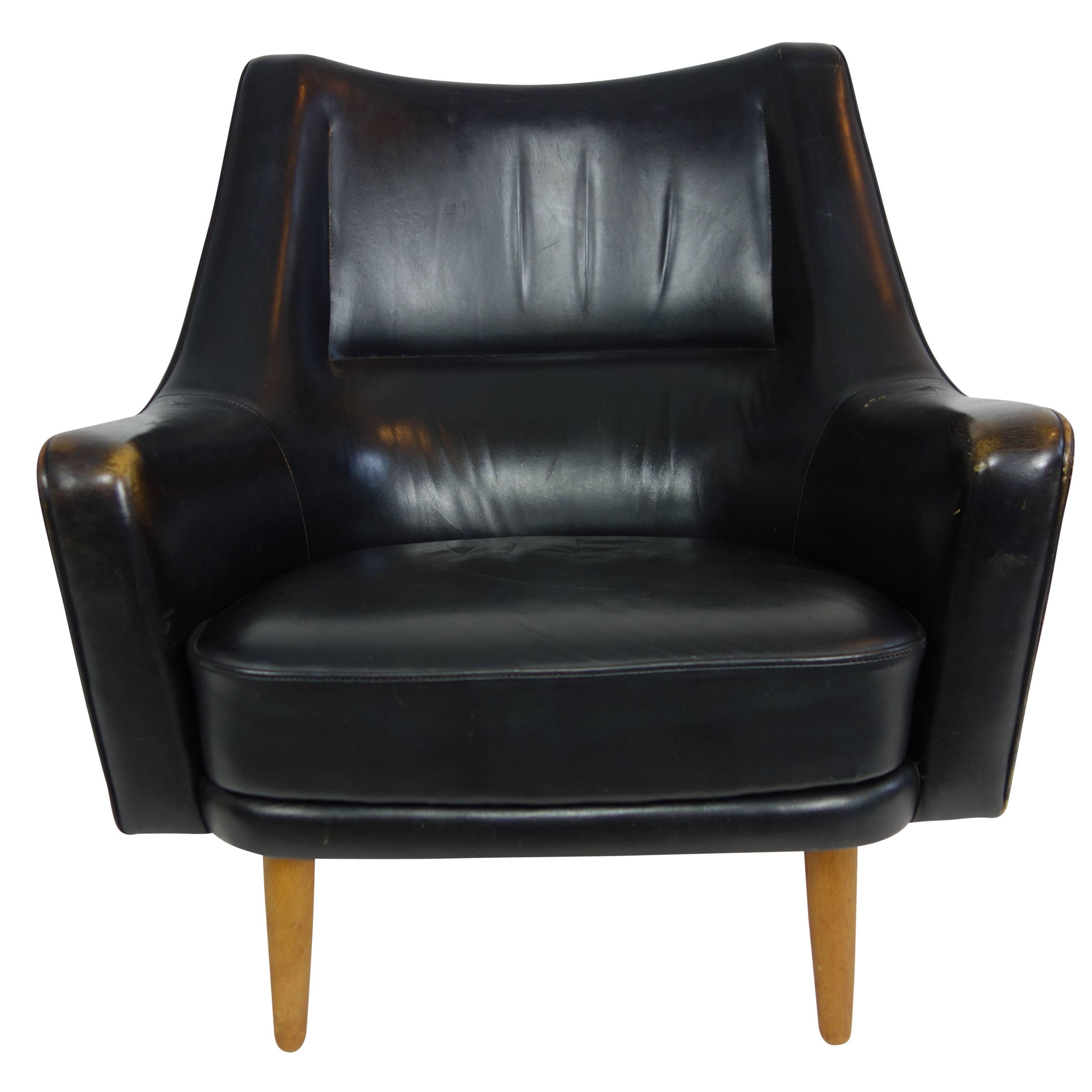 Black Leather Lounge Chair by Ib Kofod-Larsen