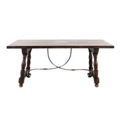 20th Century Vintage Dark Oak Trestle Table with Iron Base