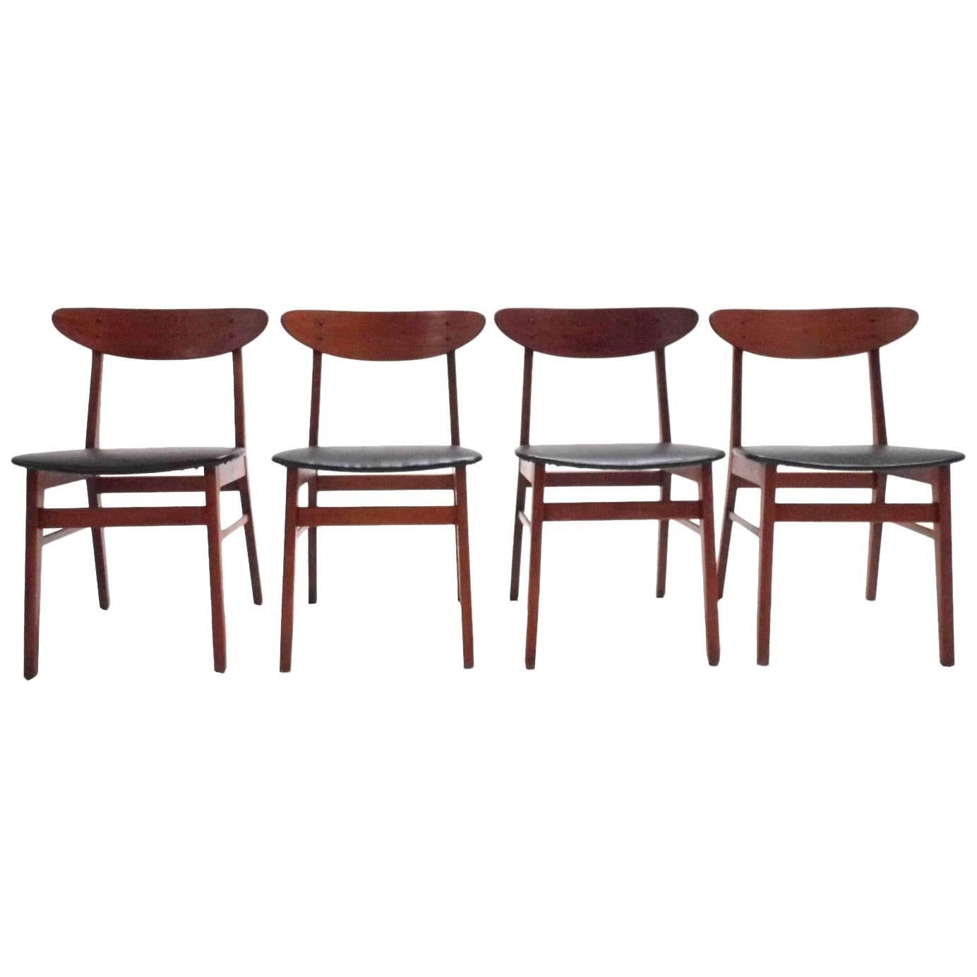 Danish Farstrup Teak and Black Vinyl Set of Four Dining Chairs, Midcentury For Sale