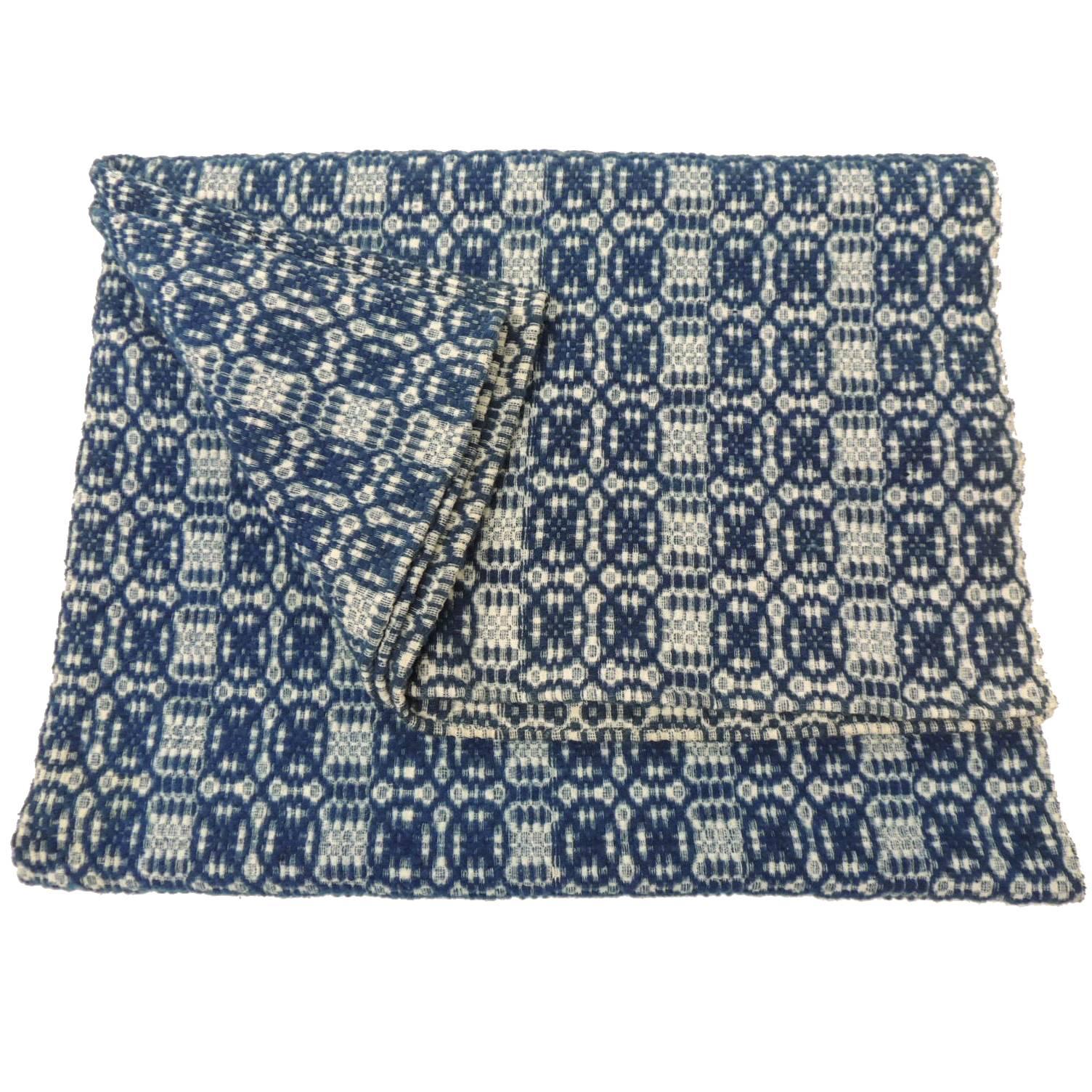 Antique Double Weave Americana Blue and White Coverlet