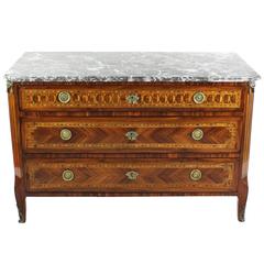 French 18th Century Marquetry Commode, circa 1790-1800, Walnut Tree, Marble-Top