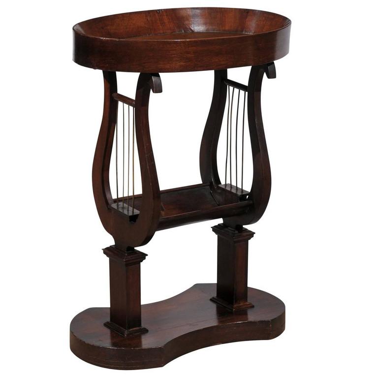 Oval French Mahogany Empire Style Side Table with Lyre Base and Dish