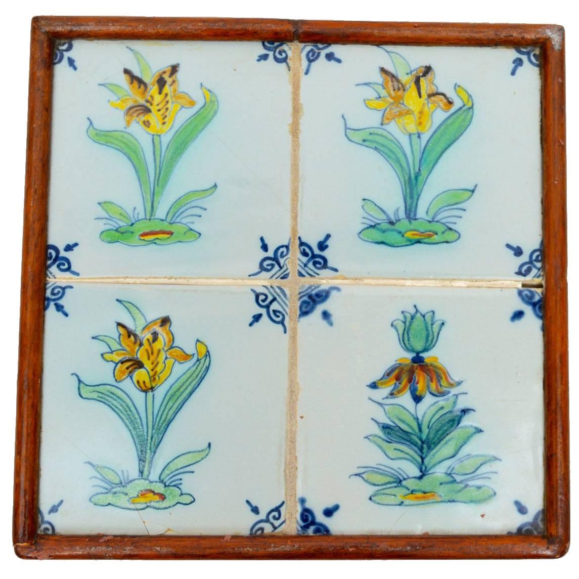 18th Century Dutch Delft Tile Plaque or Trivet Depicting Tulips