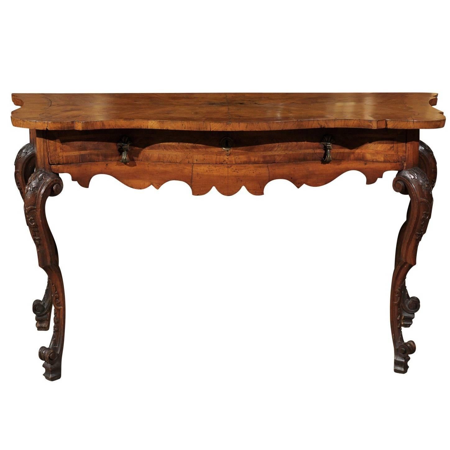18th Century Italian Rococo Walnut Console with Serpentine Top and Carved Legs