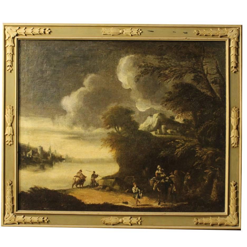 18th Century Italian Painting Landscape With Characters Oil On Canvas