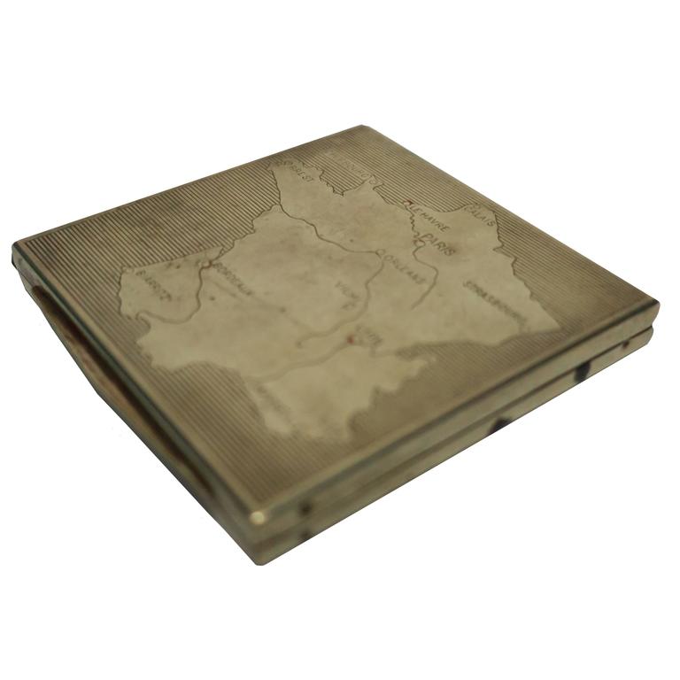 Vintage Brass and Mirror Compact Case or Box with Map of France For