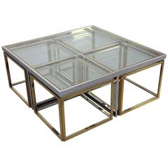 Chrome Coffee Table with Four Brass Nesting Tables by Maison Charles