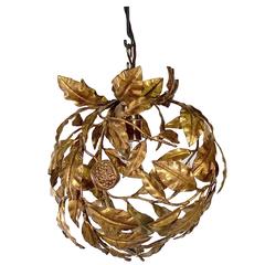Gilt Metal Spherical Ceiling Light in the Form of Leaves and Horse Chestnuts