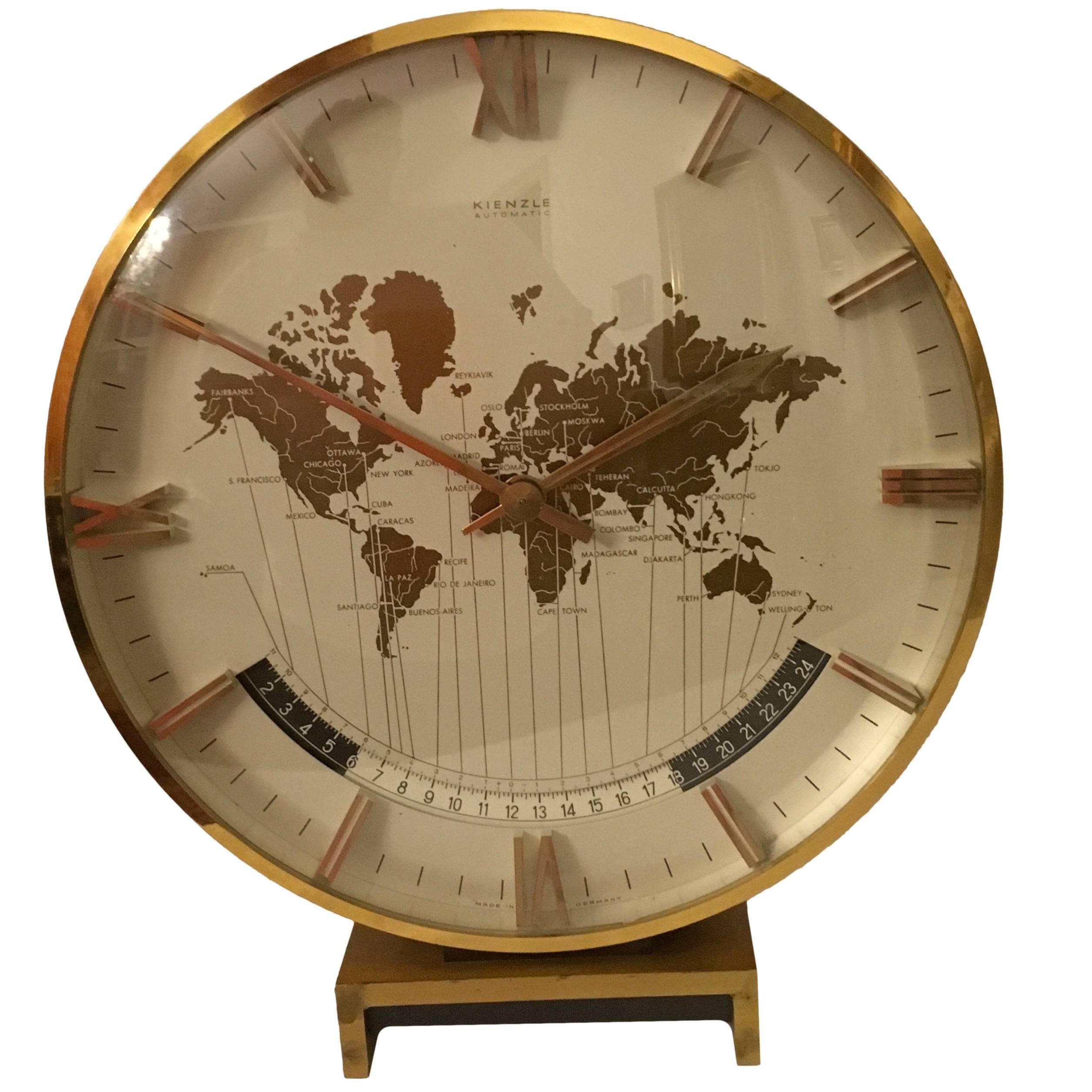 Big Kienzle Weltzeituhr Modernist Table World Timer Zone Clock