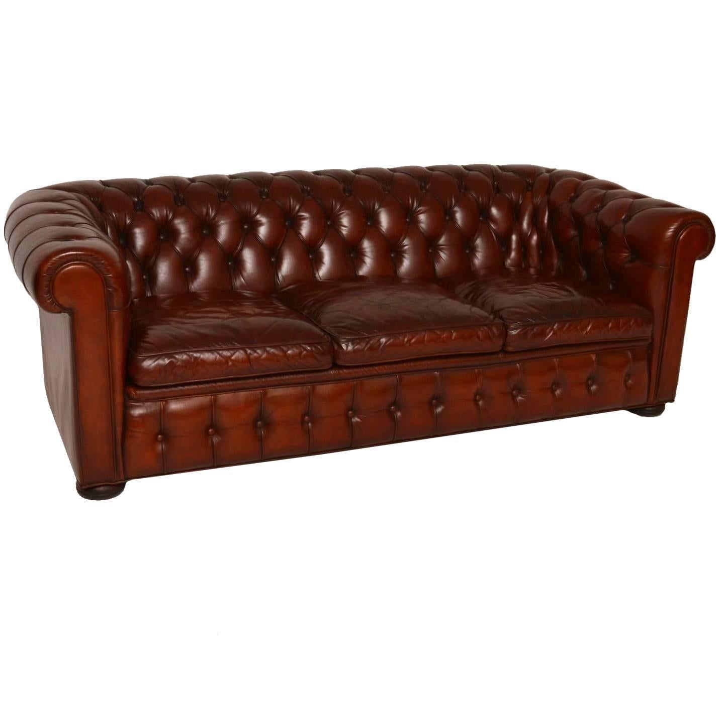 Antique Leather Three-Seat Chesterfield Sofa