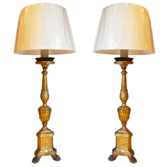 Antique Pair of 19th Century, Italian Giltwood Candlesticks Turned into Lamps