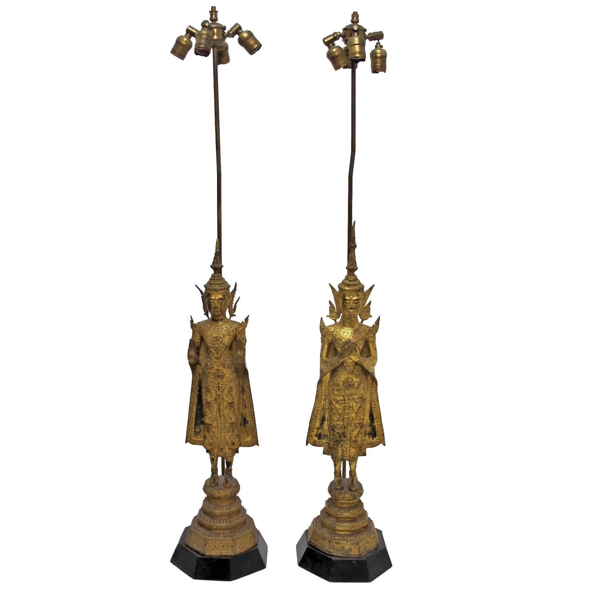 19th Century Thai Deity Gilt Bronze Figural Lamps