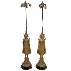 18th Century Thai Deity Gilt Bronze Figural Lamps 1