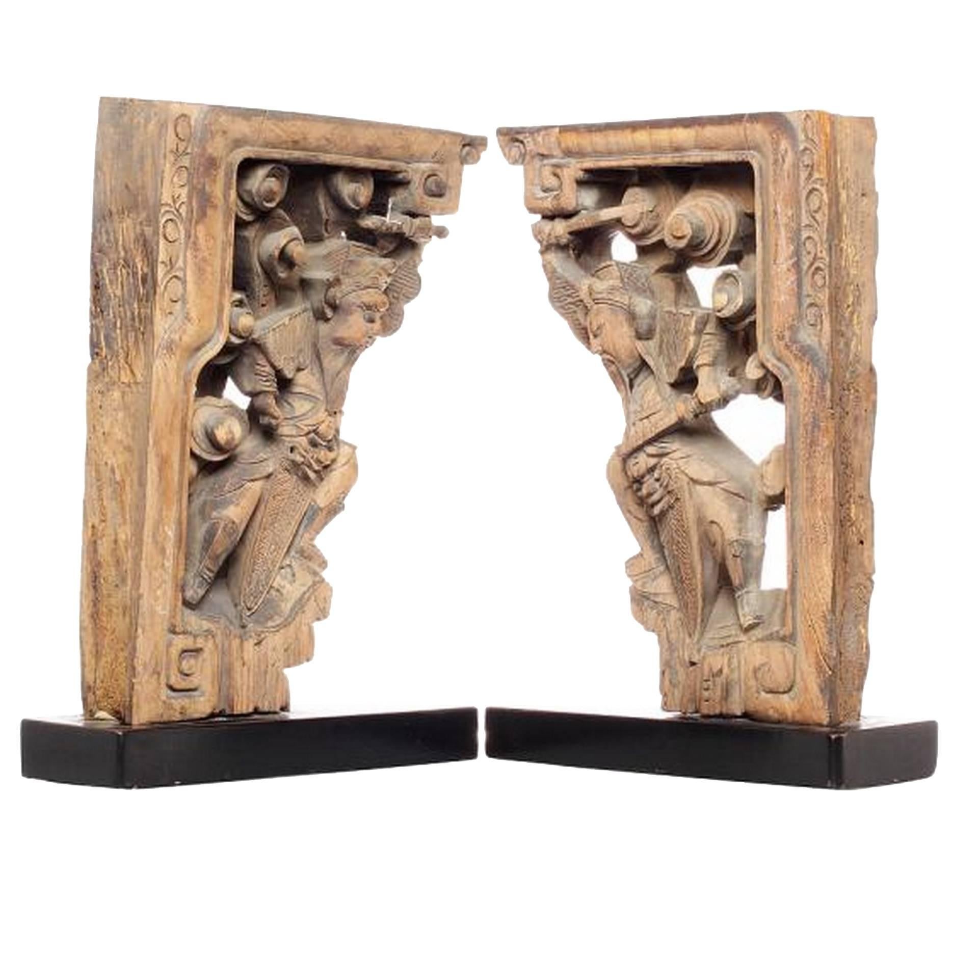 Pair of 19th Century Chinese Hand-Carved Temple Corbels with Characters