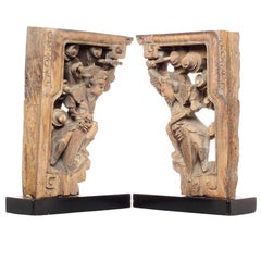 Pair of 19th Century Chinese Hand-Carved Temple Corbels with Characters
