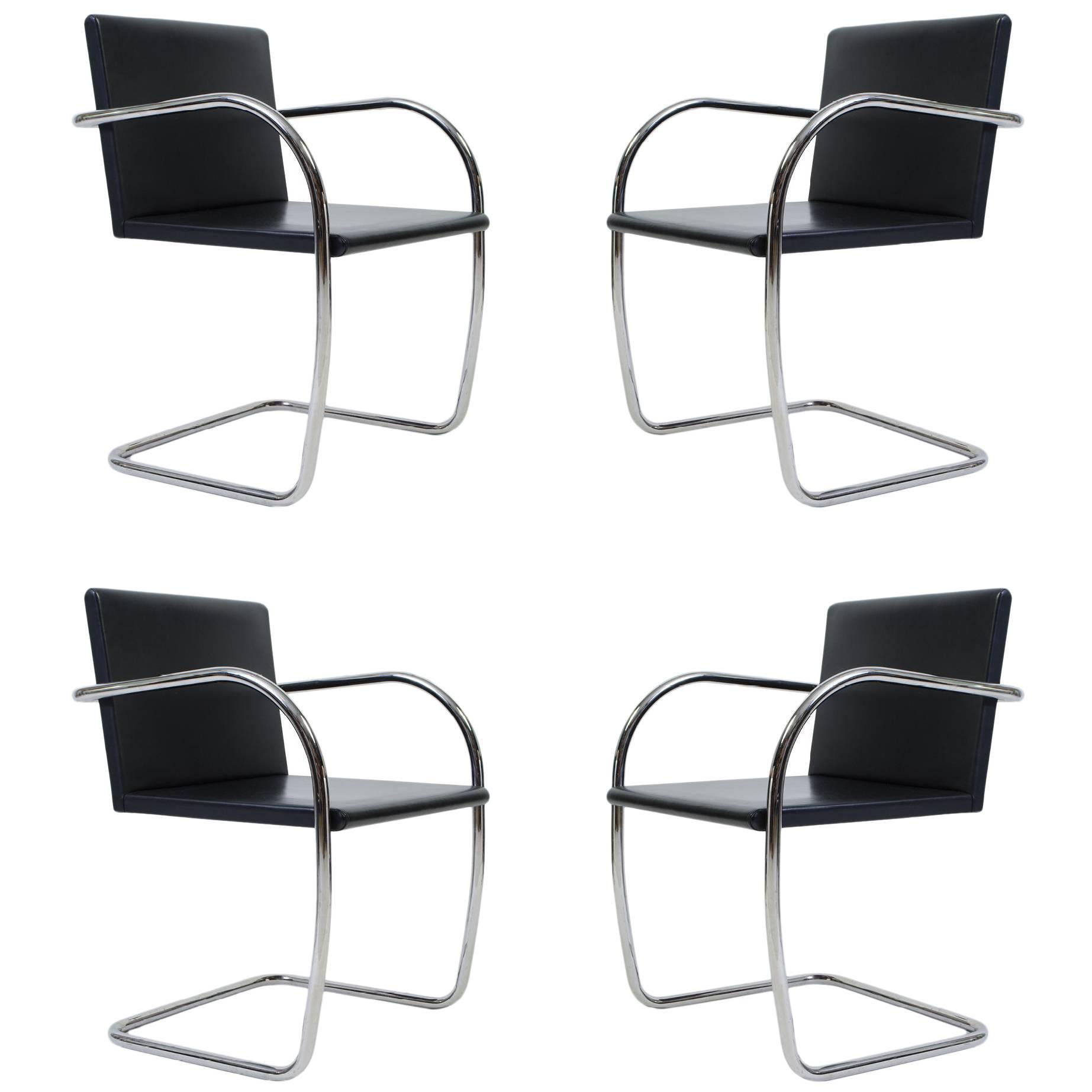 Brno Tubular Thin-Pad Chairs in Black Leather, Set of Four