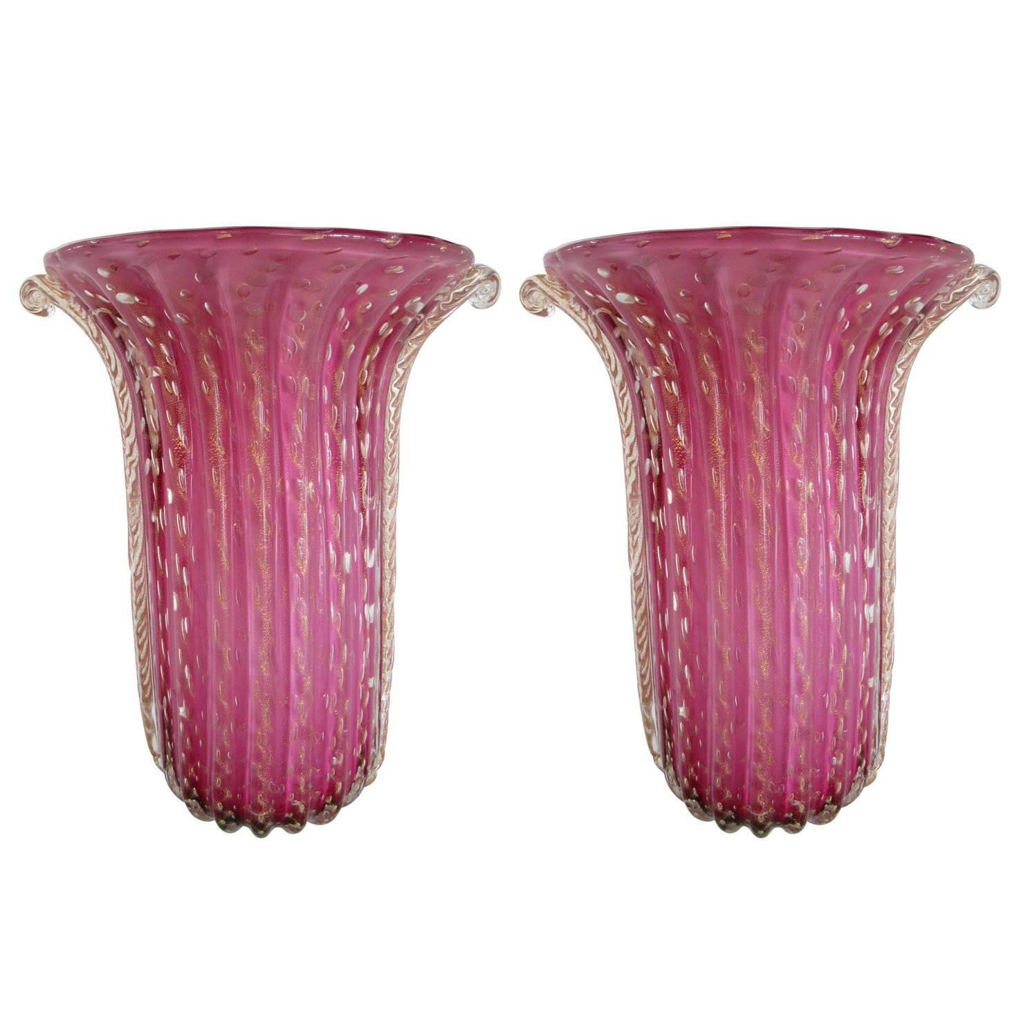 Pair of Pink Murano Art Glass Vases by Toso For Sale