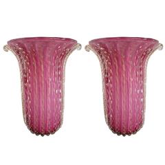 Pair of Pink Murano Art Glass Vases by Toso