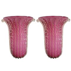 Pair of Pink Murano Art Glass Vases by Toso